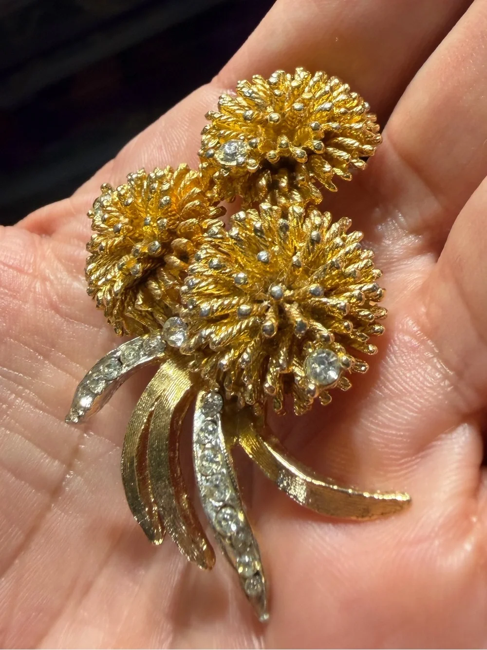 Gold Floral Cluster Brooch with Clear Crystal Accents